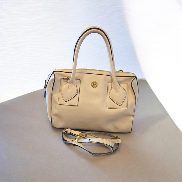 Anne Klein Handbags - Anne Klein Cream Leather Satchel Bag Gold Logo Charm Top Handle Crossbody Strap